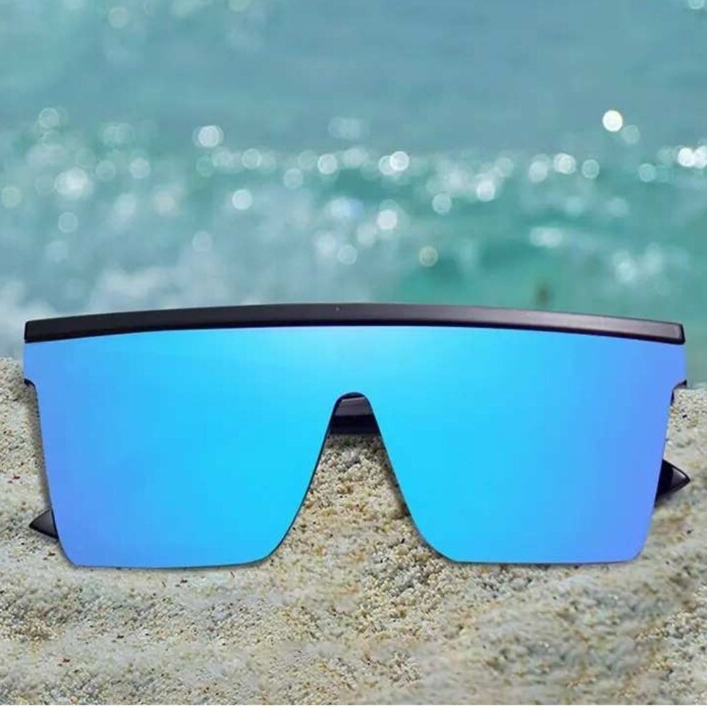Shield Sunglasses Flat Top Oversized Blue Mirrored Lens Fashion Sunglasses Gafas - Picture 5 of 12